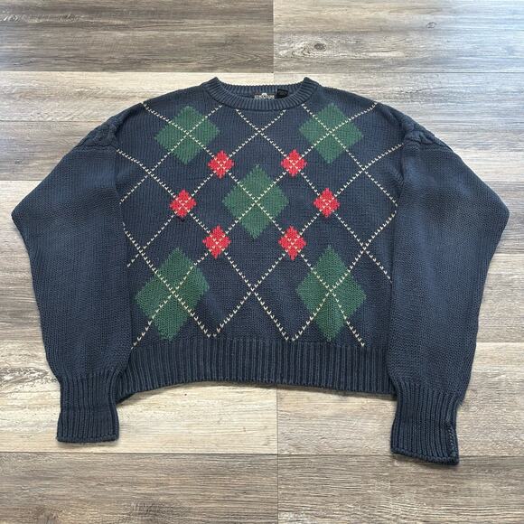 Vintage Structure Blue Mens L‎ Argyle Geometric Knit Crew Neck Sweater 90s - Picture 1 of 7